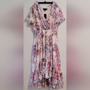 Lush Floral V-Neck Midi Dress - Pink Floral